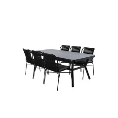 Virya Dining Table - Black Alu / Grey Glass - big table+Julian Dining Chair - Black Steel / Black Rope (stackable)_6