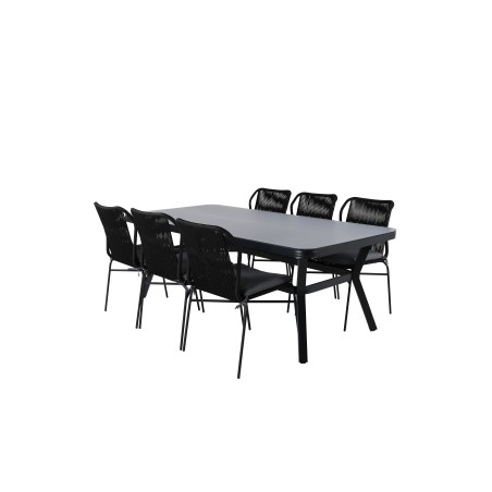 Virya Dining Table - Black Alu / Grey Glass - Big Table+Julian Dining Chair - Black Steel / Black Rope 6 6