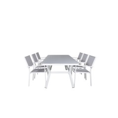 Virya Dining Table - White Alu / Grey Glass - big table+Copacabana Stacking Chair - White/Grey_6