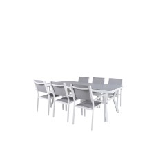 Virya Dining Table - White Alu / Grey Glass - big table+Copacabana Stacking Chair - White/Grey_6