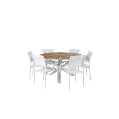 Mexico Table ø 140 - White/Teak, Santorini Arm Chair (Stackable) - White Alu / White Textilene_6