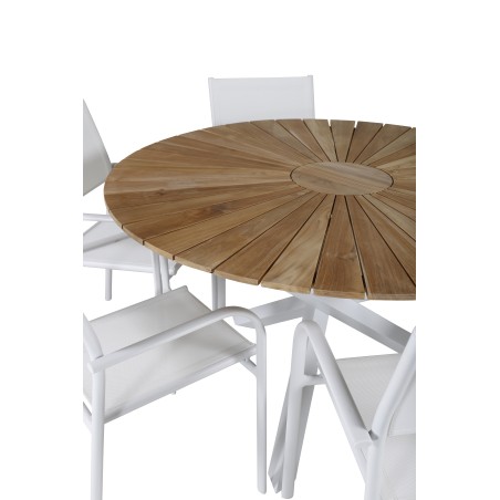 Meksiko Pöytä ø 140 - Valkoinen/Teak, Santorini Nokkatuoli (Pinottava) - Valkoinen Alu / Valkoinen Textilene_6