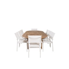 Kenya Oval -ruokapöytä 180/240*120*H75-Teak SanTorini Arm Chair (Valkoinen alu/valkoinen tekstiili)