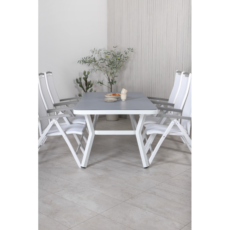 Virya Dining Table - White Alu / Grey Glass - Big Table Albany 5:pos Stol - Valkoinen alumiini/valkoinen tekstiili