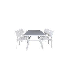 Virya Dining Table - White Alu / Grey GlassSanTorini Arm Chair (Valkoinen alu/valkoinen tekstiili)