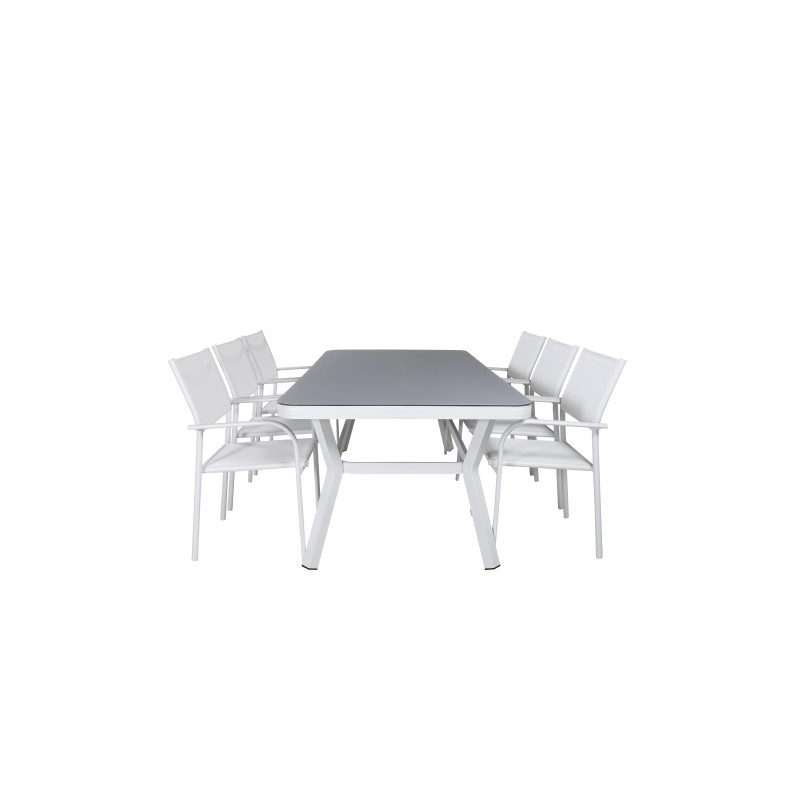 Virya Dining Table - White Alu / Grey GlassSanTorini Arm Chair (Valkoinen alu/valkoinen tekstiili)