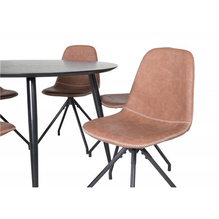 Dipp Dining Table - 115cm - Black Veneer / All black legs , Polar Dining Chair with Spin function - black Legs - Brown PU - Whit