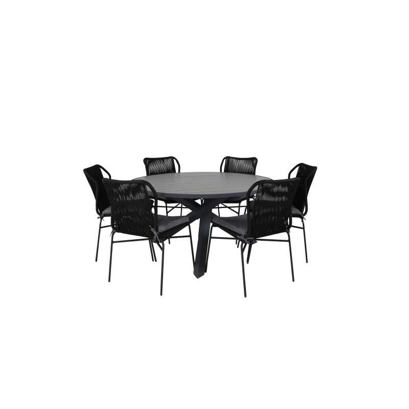 Parma - Table ø 140 - Black Alu/Grey Aintwood, Julian Dining Chair - Black Steel / Black Rope