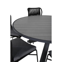 Parma - Table ø 140 - Black Alu /Grey Aintwood, Julian Dining Chair - Black Steel / Black Rope (stackable)_6