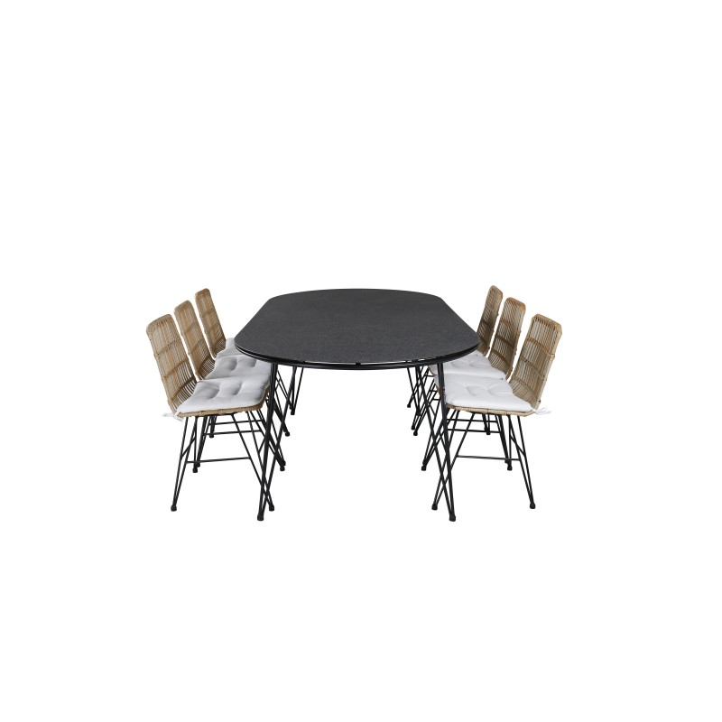 Viga Dining Table - Black Steel / Grey Spray -jäätelö 200*100cm Viga Illallinen tuoli - musta teräs / valo Nature Wicker/White C