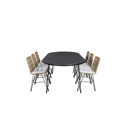 Viga Dining Table - Black Steel / Grey Spray -jäätelö 200*100cm Viga Illallinen tuoli - musta teräs / valo Nature Wicker/White C