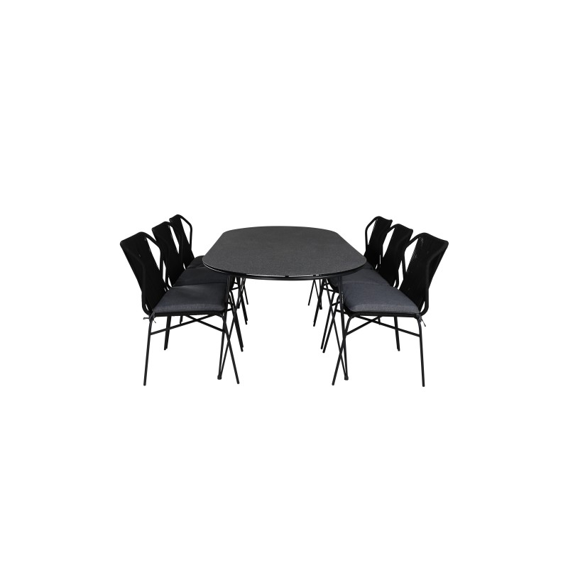 Viga Spisebord - Sort Stål / Grå Spray Glas - 200 * 100cm, Julian Dining Chair - Sort Stål / Sort reb (stabelbar) _6