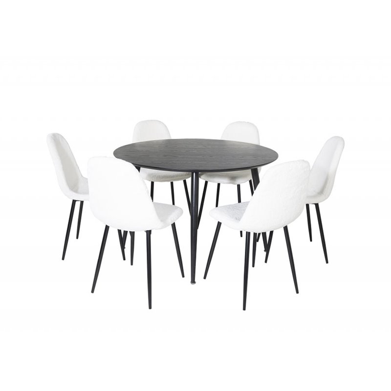 Dipp Dining Table - 115cm - Black Veneer / All black legs , Polar Fluff Dining Chair - Black Legs - White Teddy _6