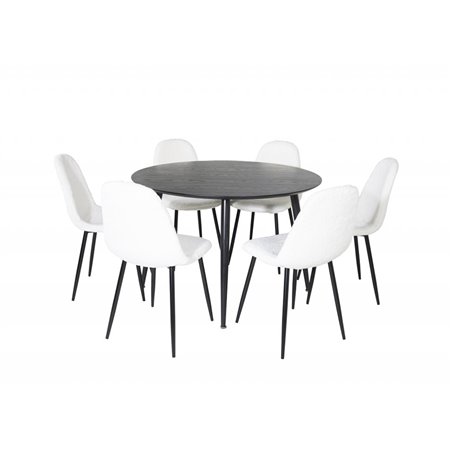 Dipp Dining Table - 115cm - Black Veneer / All black legs , Polar Fluff Dining Chair - Black Legs - White Teddy _6