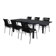 Marbella Table 160/240 - Black/Black, Julian Dining Chair - Black Steel / Black Rope (stackable)_6