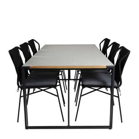 Texas Dining Table 200*100 - Black Alu / Teak / Grey Spray kivi, Julian Dining Chair - Black Steel / Black Rope 6 6