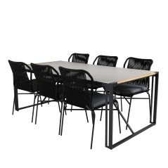 Texas Dining Table 200*100 - Black Alu / Teak / Grey Spray kivi, Julian Dining Chair - Black Steel / Black Rope 6 6