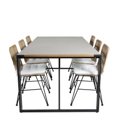 Texas Dining Table 200*100 - Black Alu / Teak / Grey Spray stone, Viga Dining Chair - Black steel / Light Nature Wicker / White 