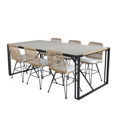 Texas Dining Table 200*100 - Black Alu / Teak / Grey Spray stone, Viga Dining Chair - Black steel / Light Nature Wicker / White 