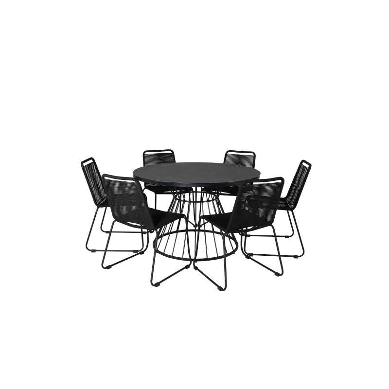 Tropea Dining Table - Black Steel / Grey Spray Glass, Lindos Stacking Chair - Black Alu / Black Rope