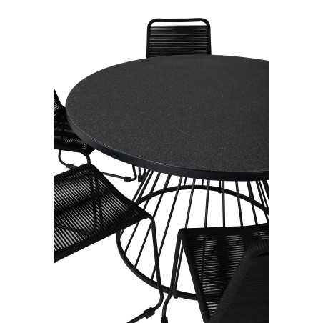 Tropea Dining Table - Black Steel / Grey Spray Glass, Lindos Stacking Chair - Black Alu / Black Rope