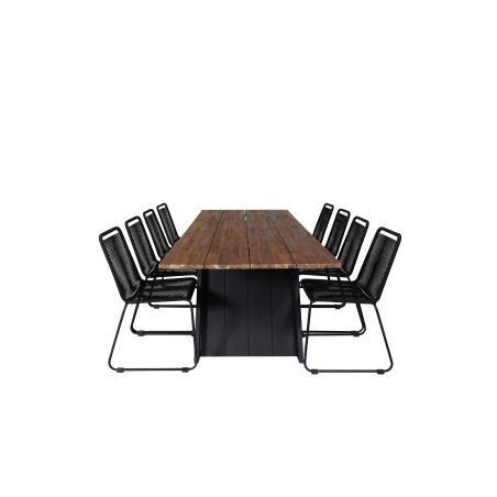 Doory Dining Table - black steel / acacia top in teak look - 250*100cm, Lindos Stacking Chair - Black Alu / Black Rope_8