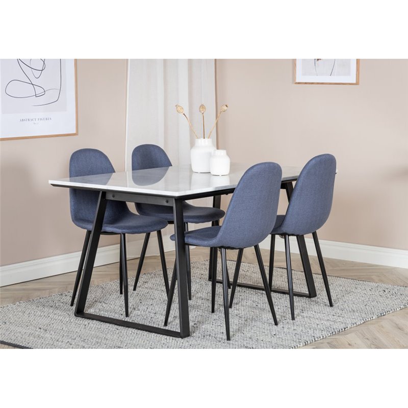 Estelle Dining Table 140*90 - White / Black, Polar Dining Chair - Black Legs - Blue Fabric_4