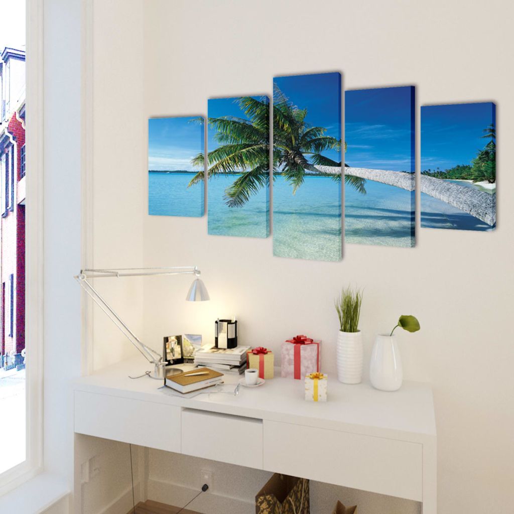 Uppsättning väggbonader på duk: strand med palm 100 x 50 cm