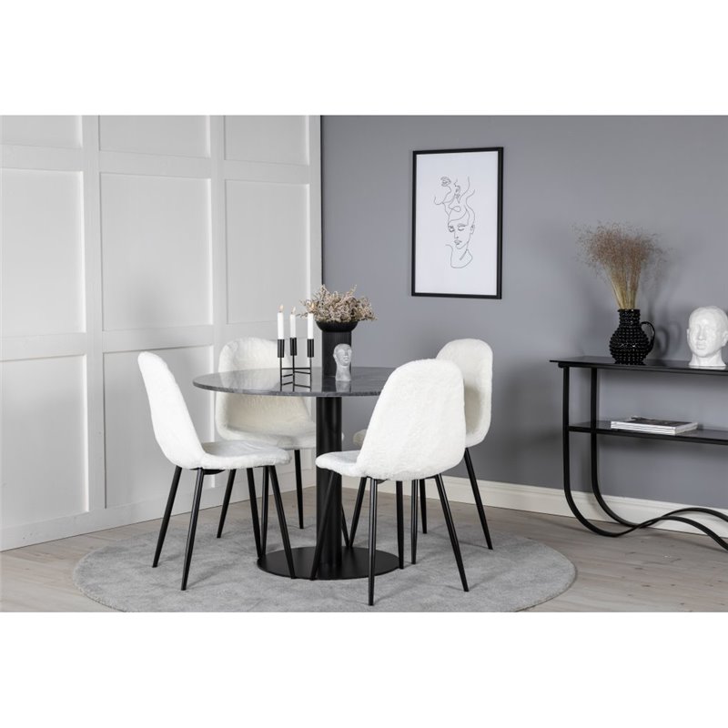 Estelle Round Dining Table ø106 H75 - Black / Black, Polar Fluff Dining Chair - Black Legs - White Teddy _4