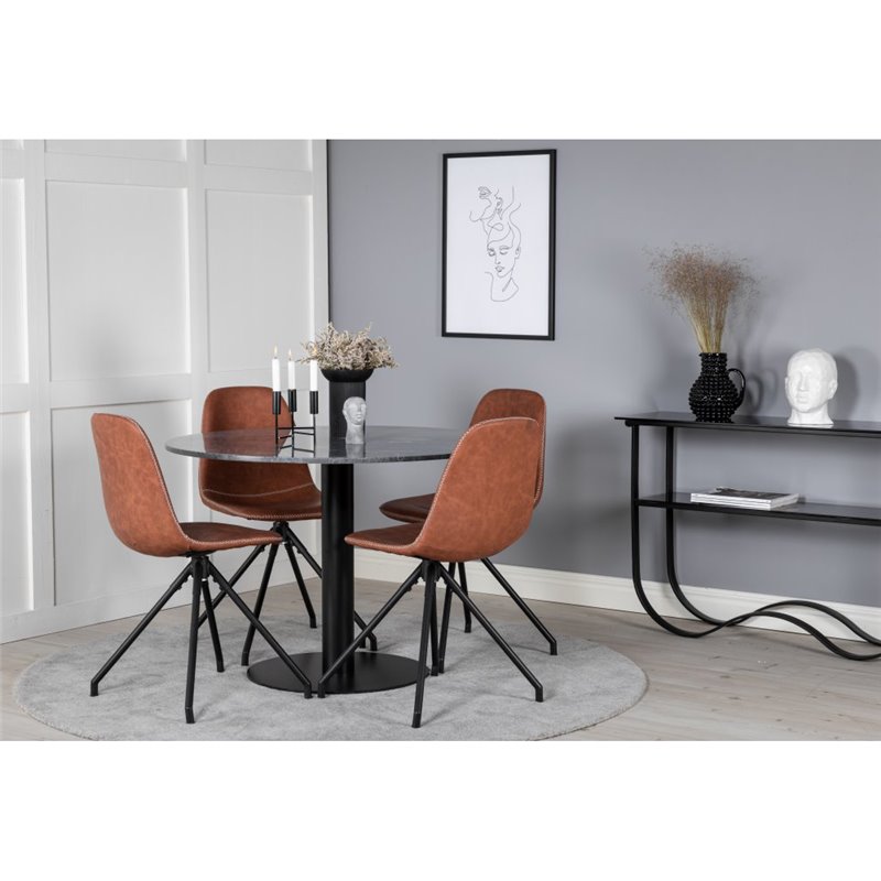 Estelle Round Dining Table ø106 H75 - Black / Black, Polar Dining Chair with Spin function - black Legs - Brown PU - White Stitc