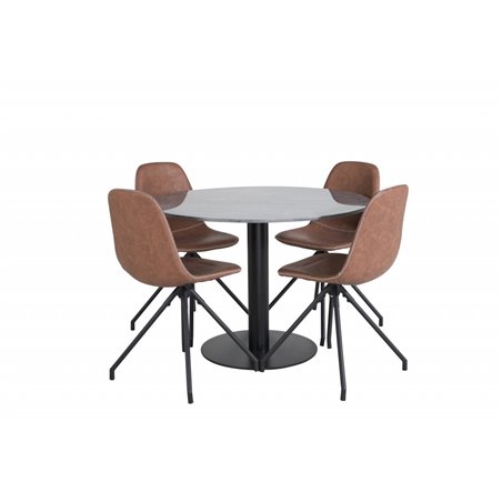 Estelle Round Dining Table ø106 H75 - Black / Black, Polar Dining Chair with Spin function - black Legs - Brown PU - White Stitc