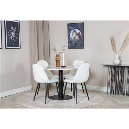 Estelle Round Dining Table ø106 H75 - White / Black, Polar Fluff Dining Chair - Black Legs - White Teddy _4