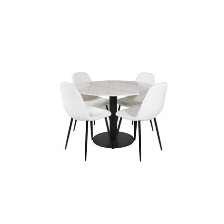 Estelle Round Dining Table ø106 H75 - White / Black, Polar Fluff Dining Chair - Black Legs - White Teddy _4