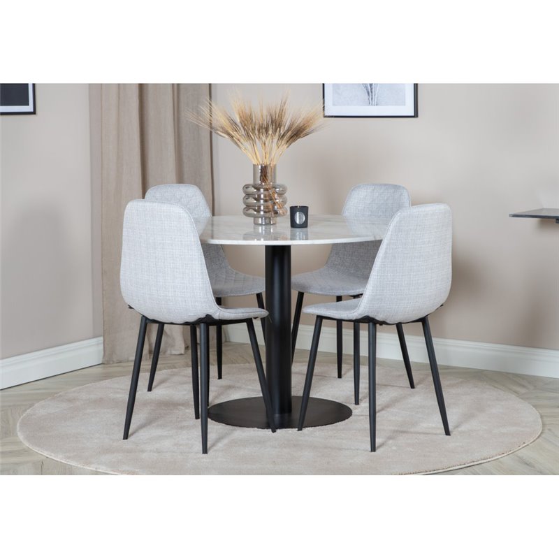 Estelle Round Dining Table ø106 H75 - White / Black, Polar Diamond Dining Chair - Black Legs - Grey Fabric_4