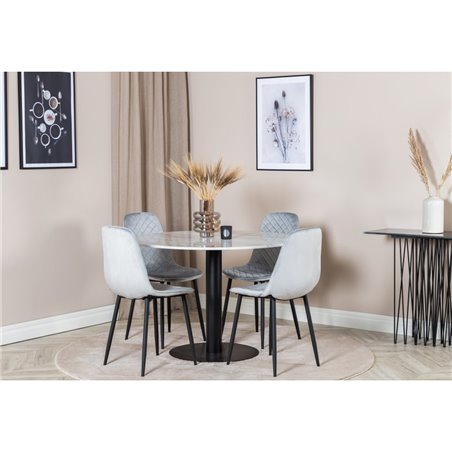 Estelle Round Dining Table ø106 H75 - White / Black, Polar Diamond Dining Chair - Black Legs - Grey Velvet_4