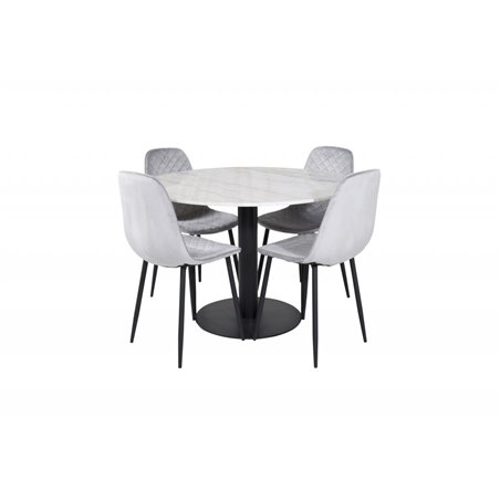 Estelle Rundt Spisebord ø106 H75 - Hvid / Sort, Polar Diamond Spisestuestol - Sorte Ben - Grå Velvet_4