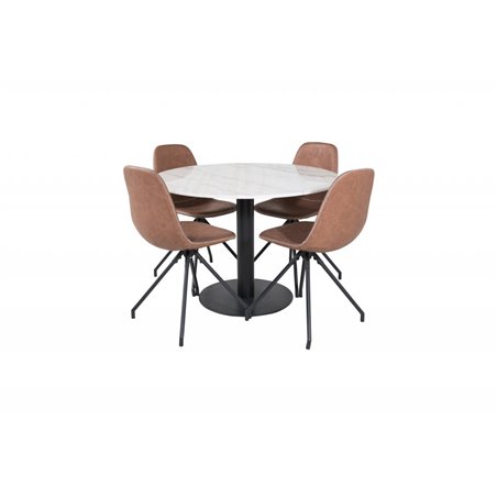 Estelle Round Dining Table ø106 H75 - White / Black, Polar Dining Chair with Spin function - black Legs - Brown PU - White Stitc