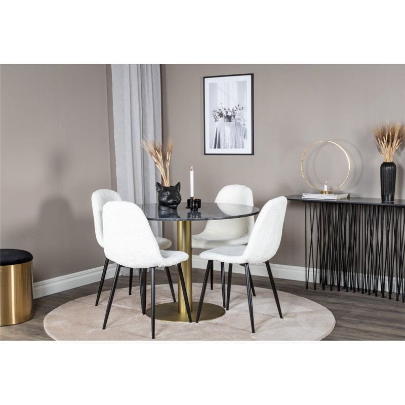 Estelle Round Dining Table ø106 H75 - Black / Brass, Polar Fluff Dining Chair - Black Legs - White Teddy _4