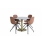 Estelle Round Dining Table ø106 H75 - Black / Brass, Polar Dining Chair with Spin function - black Legs - Brown PU - White Stitc