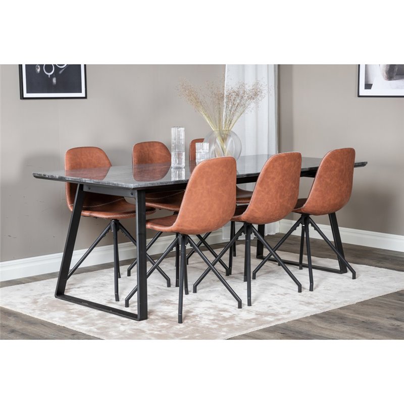 Estelle Dining Table 200*90*H76 - Black / Black, Polar Dining Chair with Spin function - black Legs - Brown PU - White Stitches_