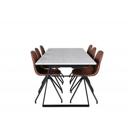 Estelle Dining Table 200*90*H76 - White / Black, Polar Dining Chair with Spin function - black Legs - Brown PU - White Stitches_