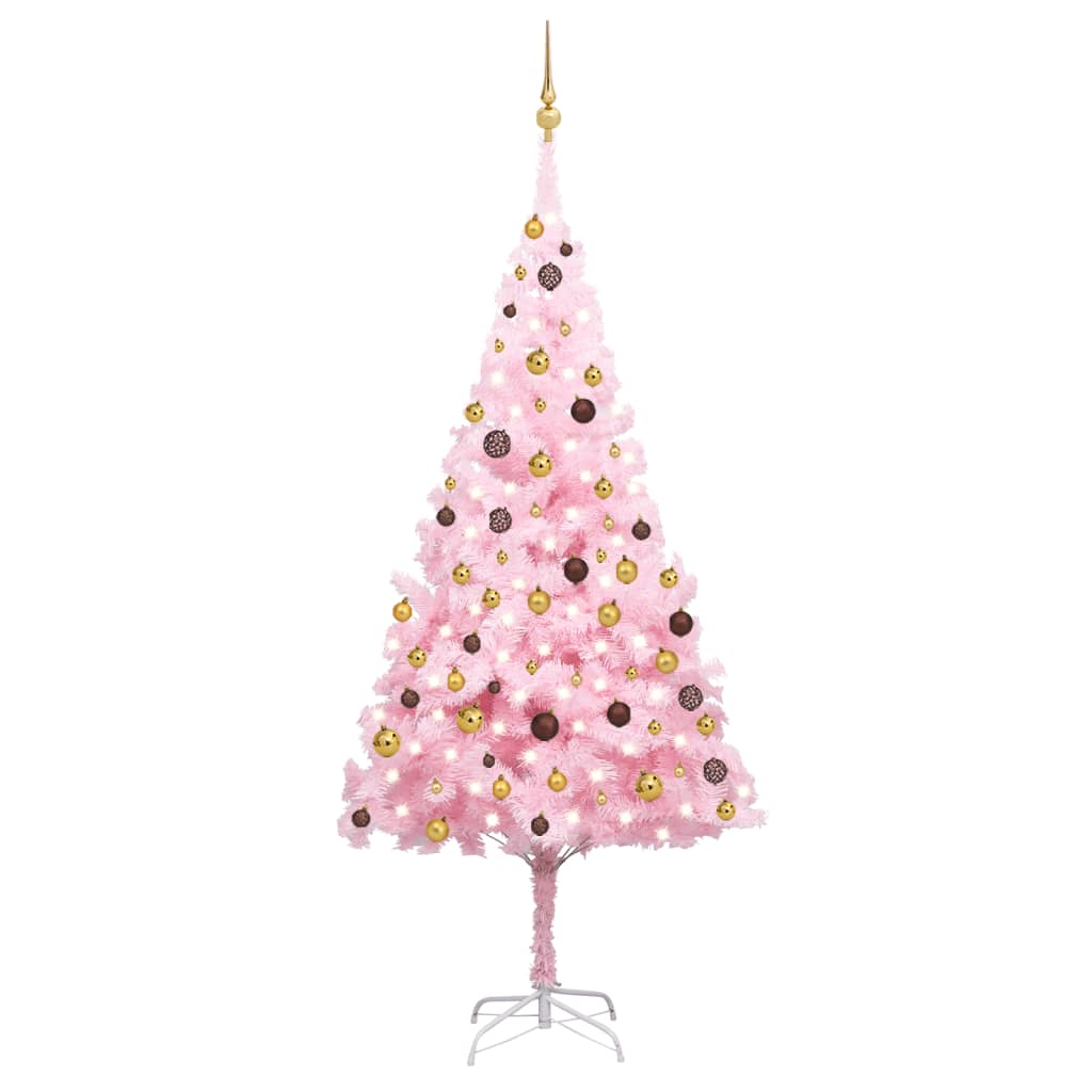  Plastgran med LED och julgranskulor rosa 240 cm PVC