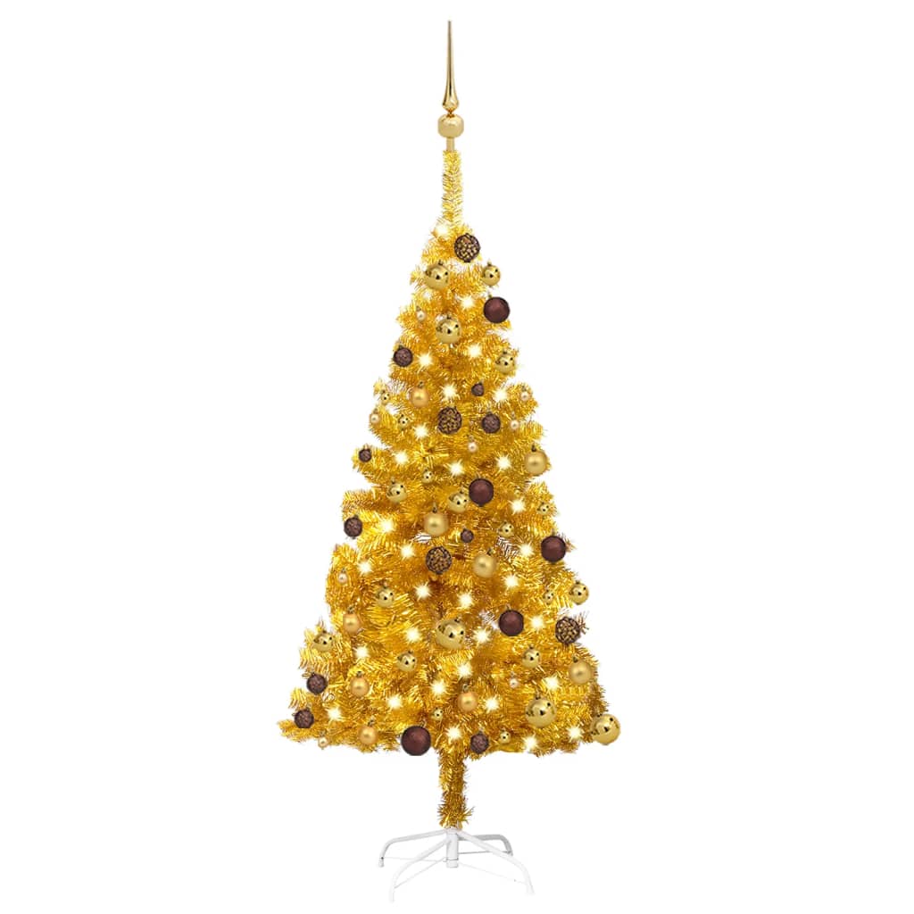  Plastgran med LED och julgranskulor guld 120 cm PET