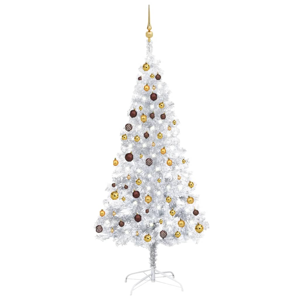  Plastgran med LED och julgranskulor silver 180 cm PET