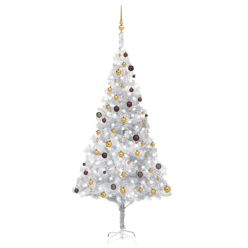  Plastgran med LED och julgranskulor silver 240 cm PET