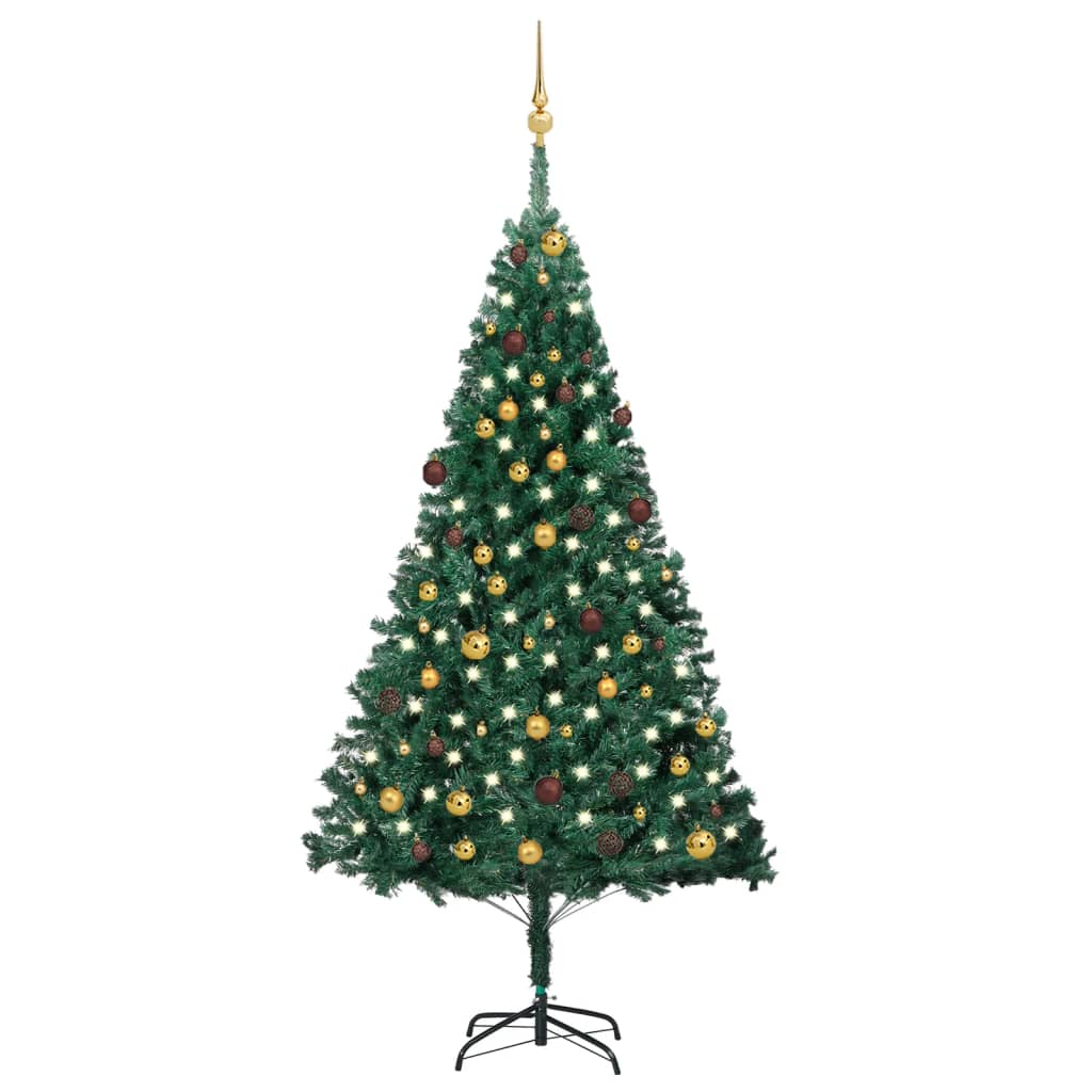  Plastgran med LED och julgranskulor grön 210 cm PVC