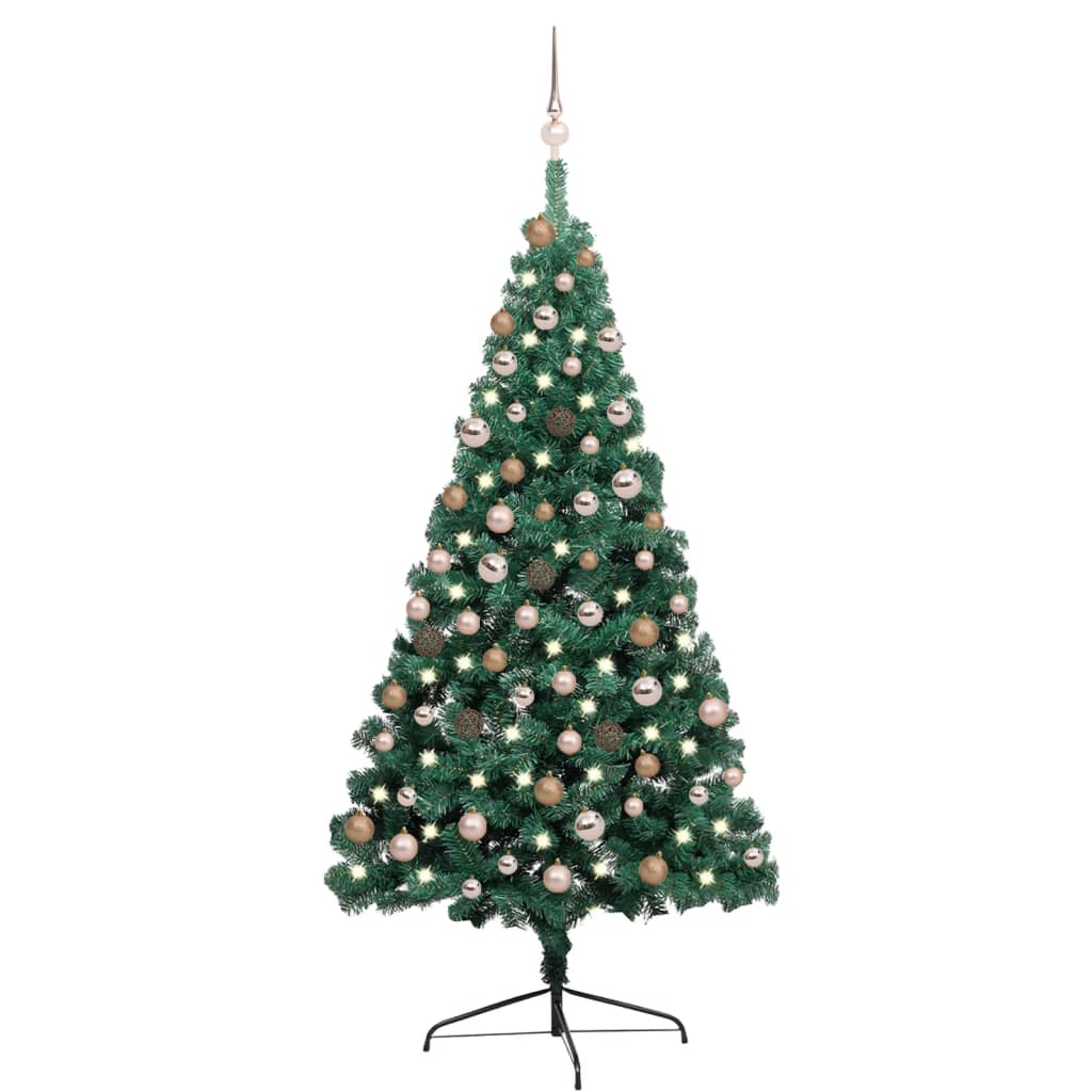  Halv plastgran med LED och julgranskulor grön 180 cm