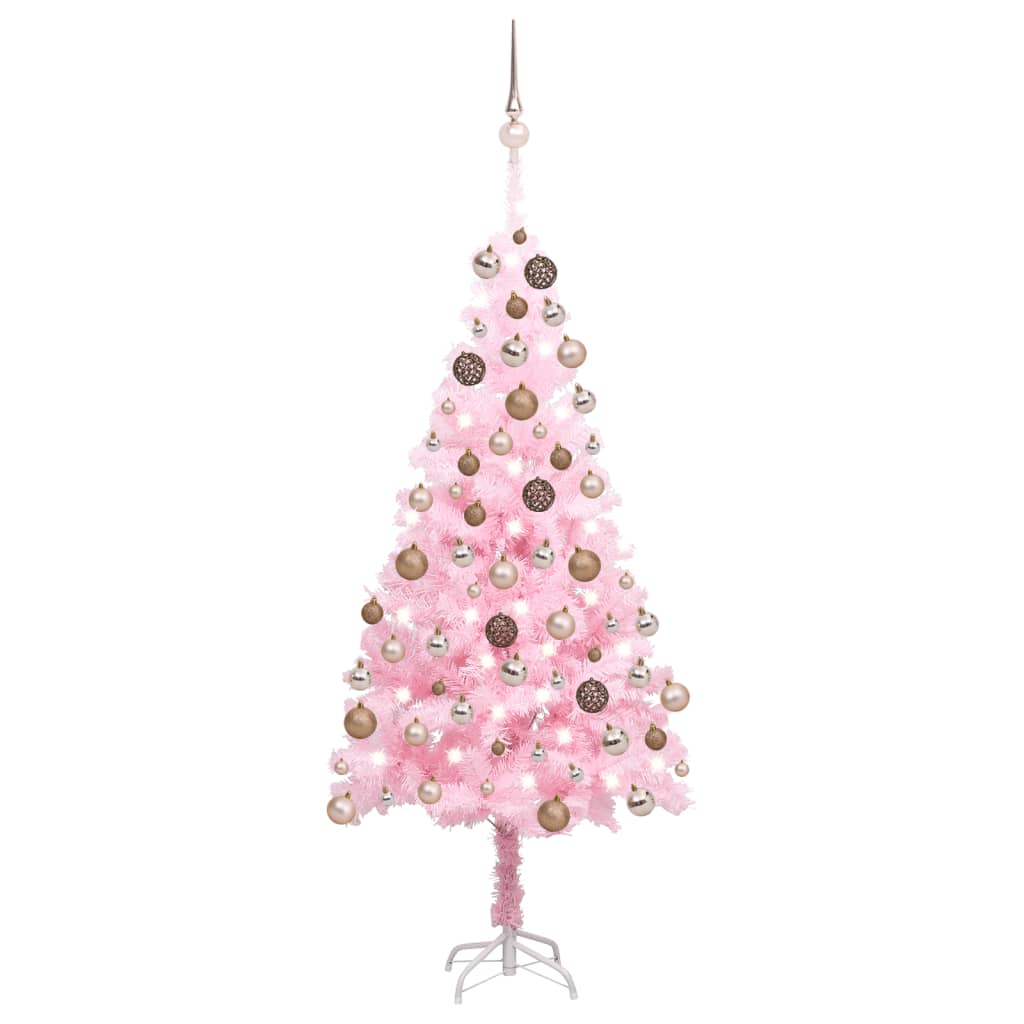  Plastgran med LED och julgranskulor rosa 150 cm PVC