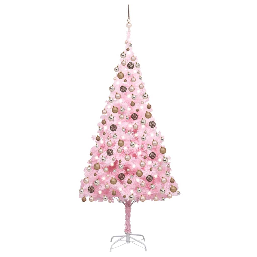  Plastgran med LED och julgranskulor rosa 240 cm PVC