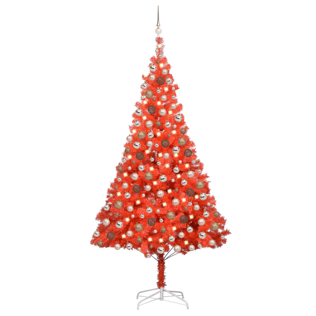  Plastgran med LED och julgranskulor röd 210 cm PVC